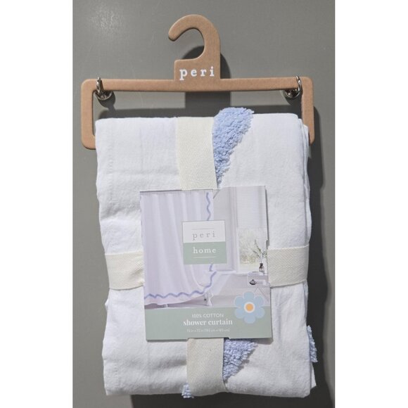 Peri Home 100% Cotton White & Baby Blue Scallop Trim Shower Curtain 72" x 72" - Picture 2 of 7